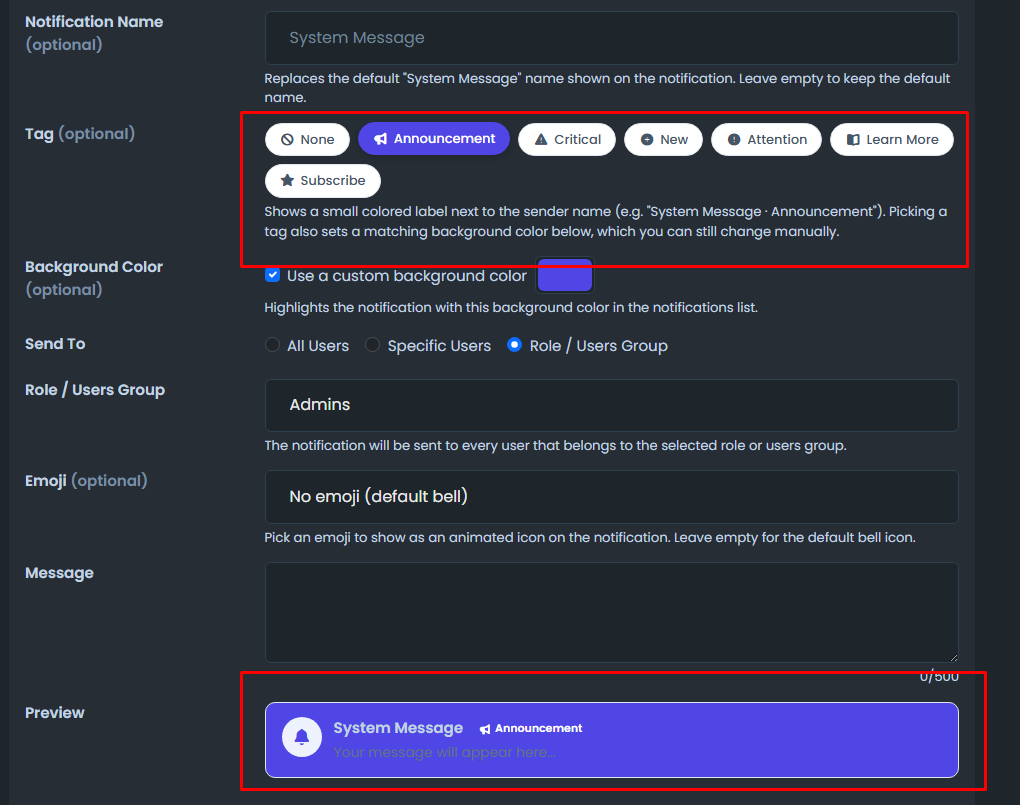 Tags and Preview in NotiLive