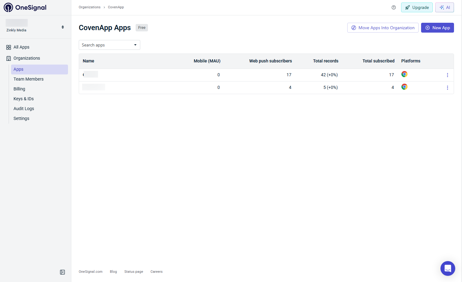 OneSignal: Create new app