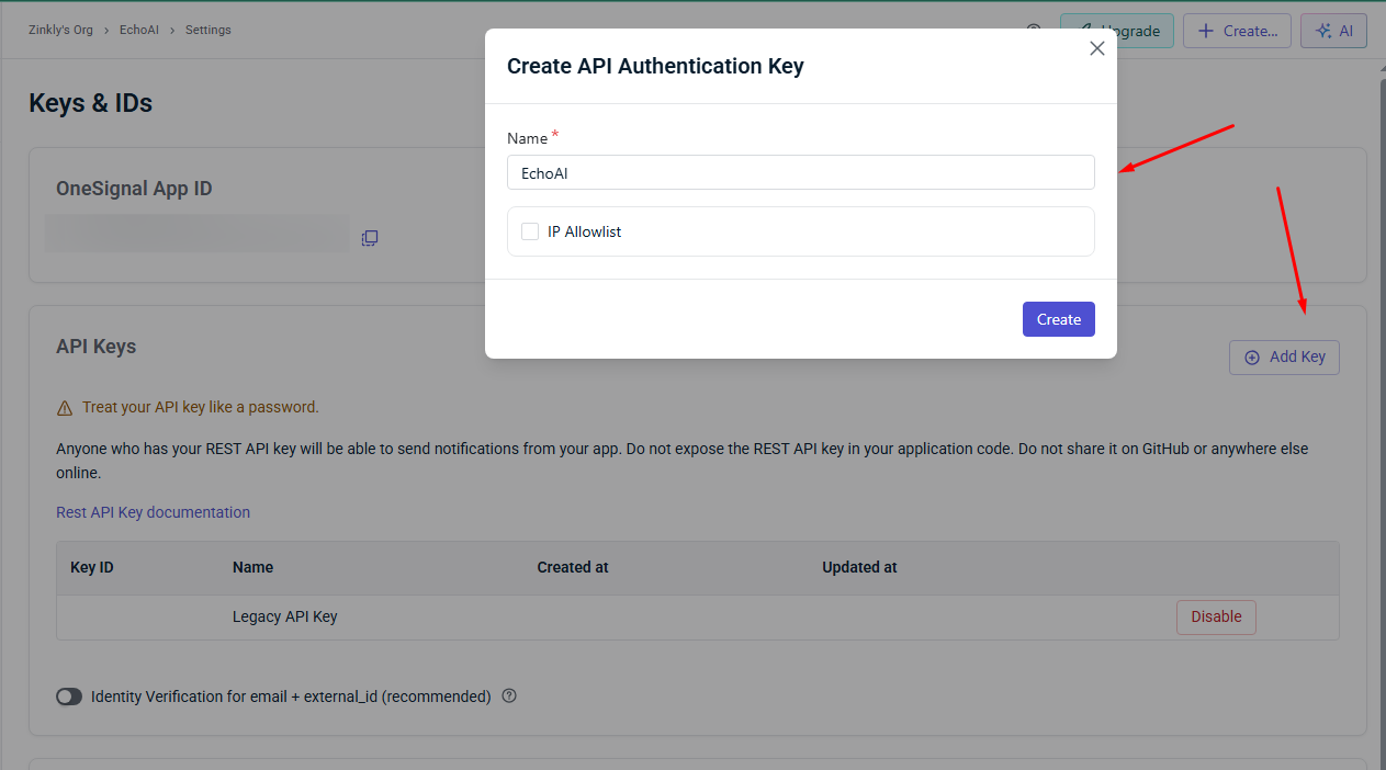 OneSignal: Copy App ID and REST API Key