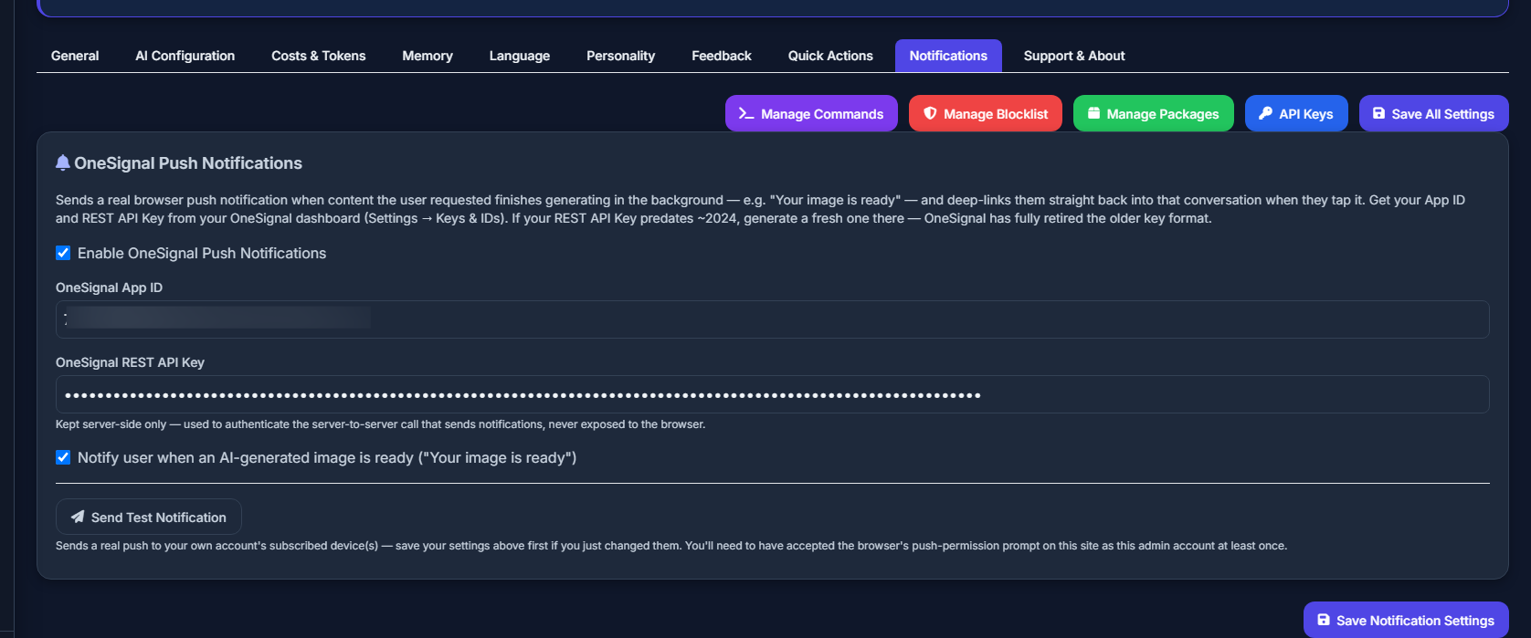 EchoAI: OneSignal settings and test button